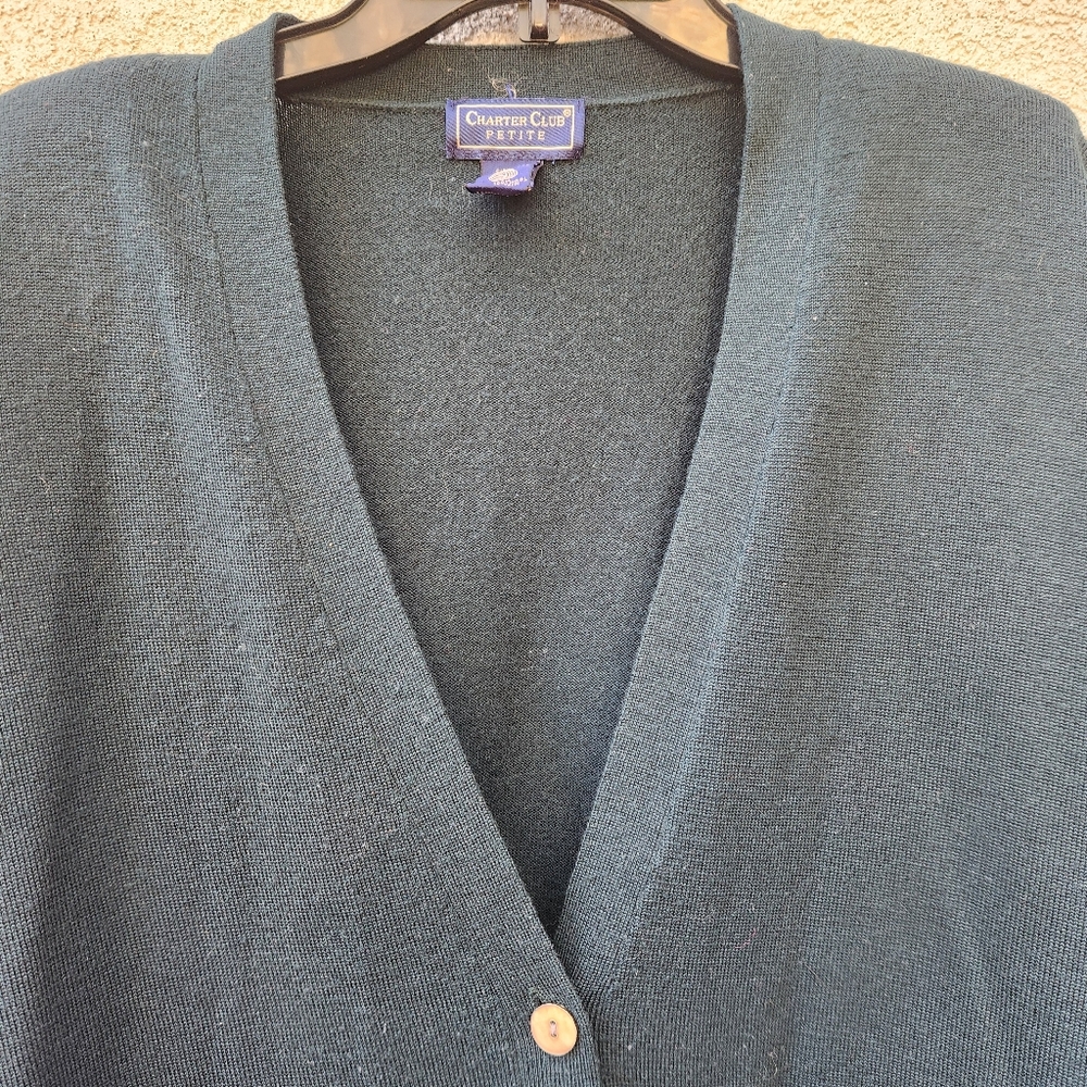 CHARTER CLUB PETITE Women's Cardigan Medium Green Wool Grama Sweater Vintage - Picture 2 of 9
